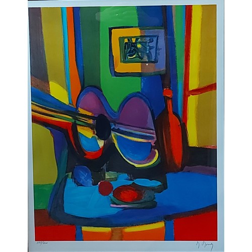 81 - Marcel Mouly, Guitare et Bouteille, coloured Lithograph number 158/300, signed in pencil, 60cms by 4... 