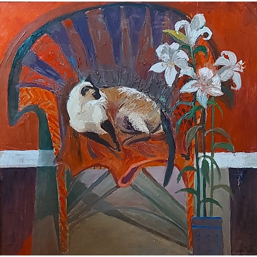 95 - David Martin, Resting Siamese and Lillies, oil on canvas, signed, 76cms x 76cms