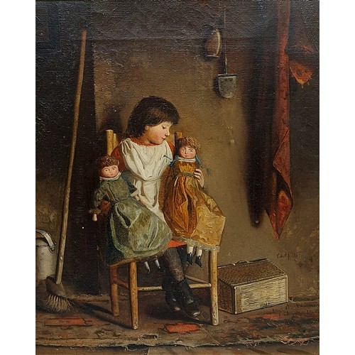 105 - Edward Holliday, Seated Girl with Dolls, oil on canvas, signed, 29cms by 24cms