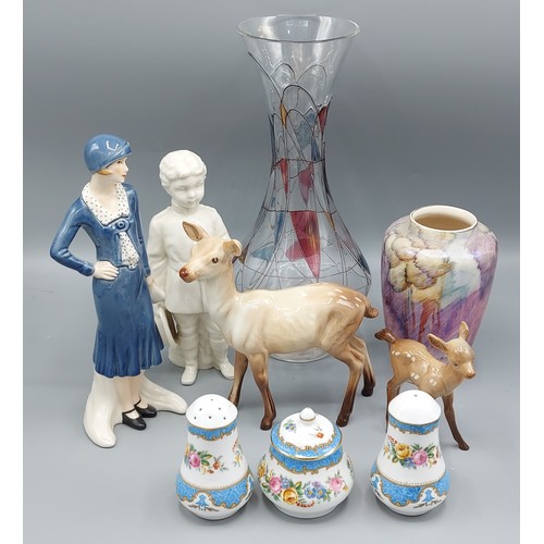 49 - Two Beswick models of deer together with a Goebel figures, a glass vase and other ceramics