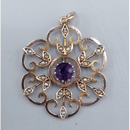 245 - A gold Amethyst and Pearl set pendant of pierced shaped form, 3.1gms, 3cms diameter