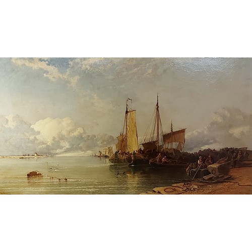 121 - Arthur Joseph Meadows, On The Meuse, with figures and boats within a coastline, oil on canvas, signe... 