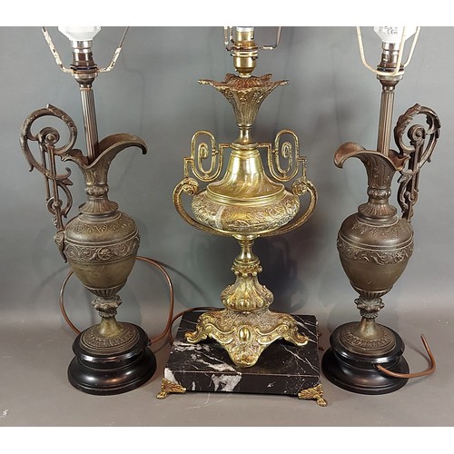 347 - A French gilded table lamp with marble base together with a pair table lamps in the form of jug vase... 