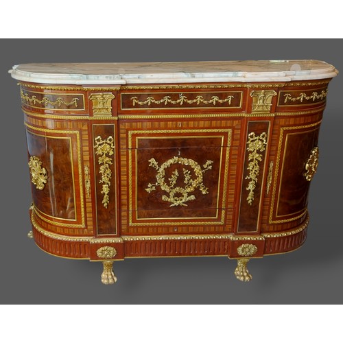 466 - A French Credenza cabinet, the marble top above a gilt metal inlaid frieze with central drawers flan... 