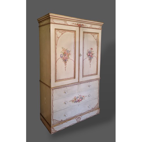 206 - A Victorian painted press cupboard with a moulded cornice above two doors enclosing sliding trays, t... 