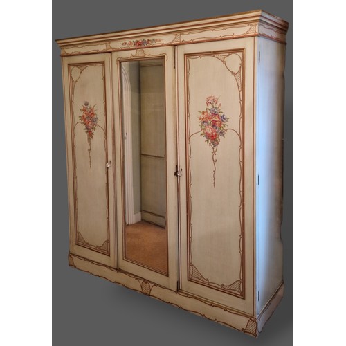 208 - A Victorian painted wardrobe, the moulded cornice above a central mirrored door flanked by moulded d... 