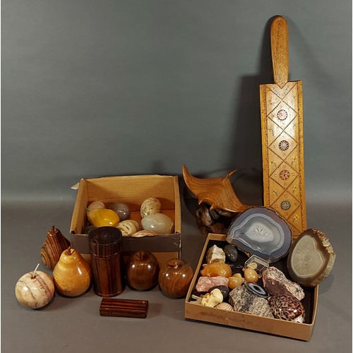 138 - A collection of carved treen fruit together with other items to include agate