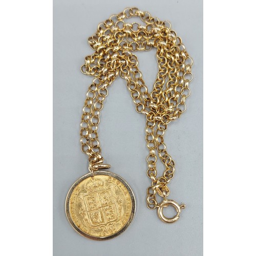 81 - A Victorian shield back half sovereign dated 1887, in a 9ct mount with 9ct gold neck chain, 11.3gms ... 