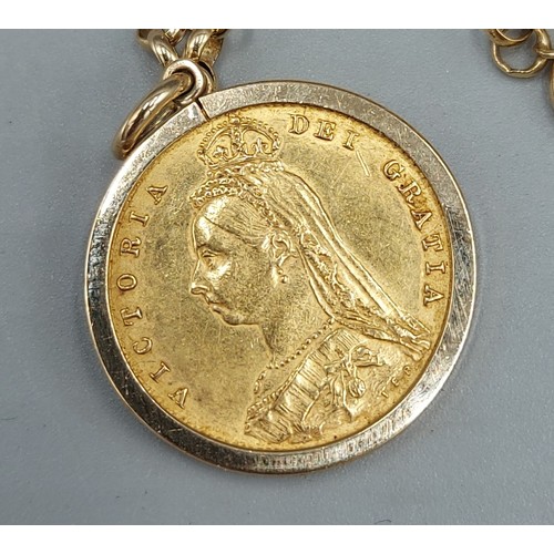 81 - A Victorian shield back half sovereign dated 1887, in a 9ct mount with 9ct gold neck chain, 11.3gms ... 