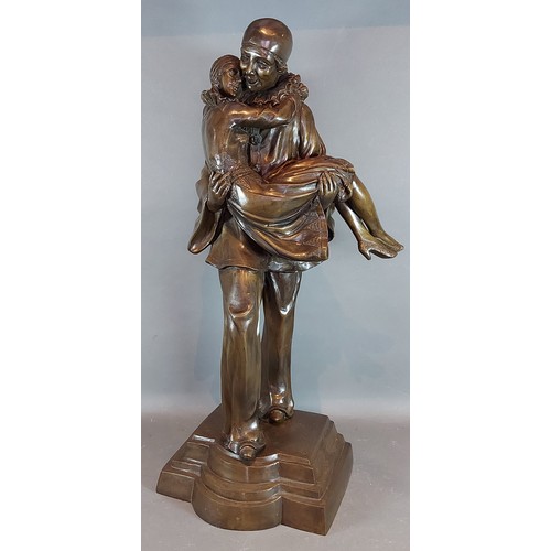 139 - Pierrot and Columbine, a large patinated bronze with stepped plinth, 59cms