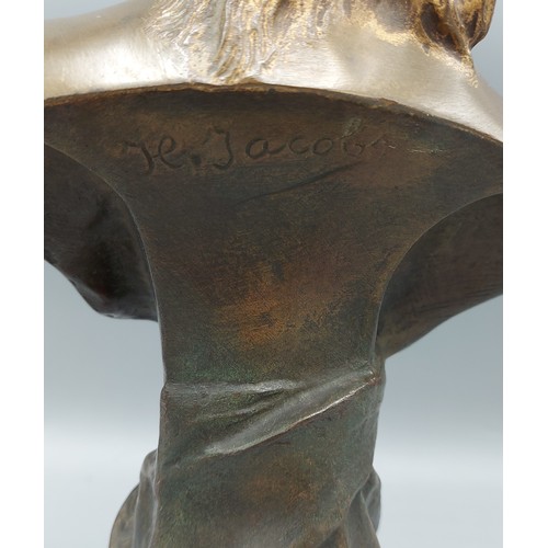 142 - Henri Jacobs, Daphne,  bronze bust of a female upon marble plinth, signed, 30cms tall