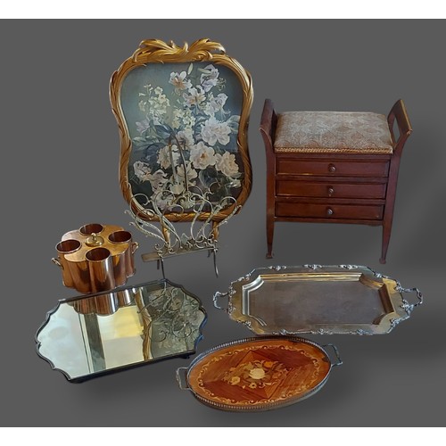 218 - A gilt framed firescreen together with a piano stool, two trays and other items