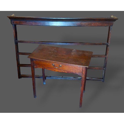 226 - A 19th Century oak side table with a frieze drawer raised upon square tapering legs together with an... 