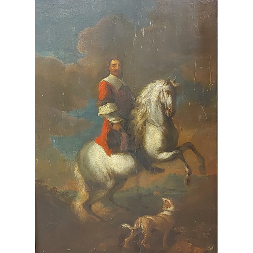 53 - 18th Century English school, study of a gentleman on horseback with dog, oil on board, 38cms x 27cms