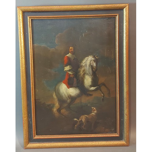 53 - 18th Century English school, study of a gentleman on horseback with dog, oil on board, 38cms x 27cms