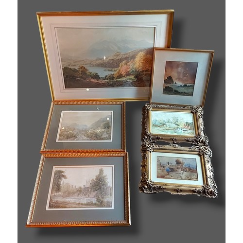 54 - B.T. Wilson, a pair of watercolours, rural scenes together with a large watercolour lake scene and t... 