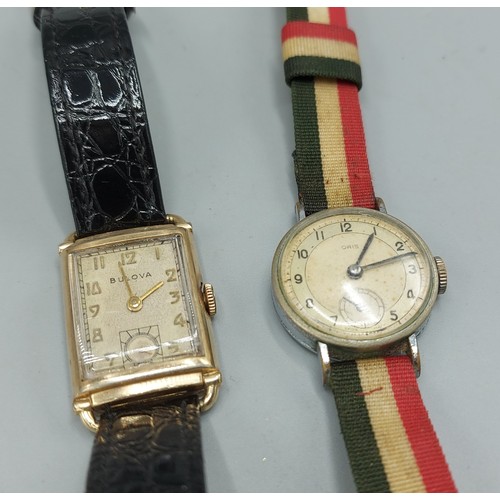 97 - A Bulova gold plated tank watch with leather strap together with an Oris wristwatch