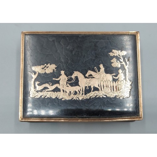 173 - A George III tortoiseshell and gold inlaid snuff box, the hinged cover decorated with a hunting scen... 