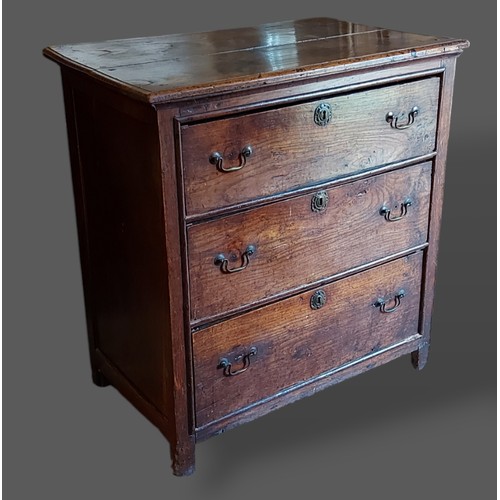 270 - A 19th Century oak chest of three drawers with brass handles raised upon square legs, 87cms wide, 53... 