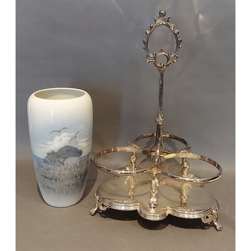 73 - A silver plated decanter stand together with a Royal Copenhagen vase