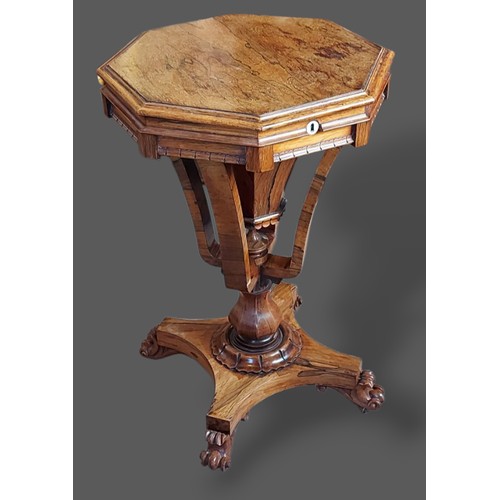 221 - A Victorian Rosewood worktable of octagonal form, the hinged top enclosing a fitted interior raised ... 