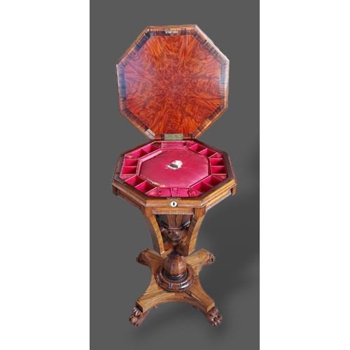 221 - A Victorian Rosewood worktable of octagonal form, the hinged top enclosing a fitted interior raised ... 