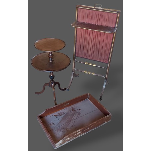 231 - A mahogany two tier dumb waiter together with a fire screen and a butlers tray