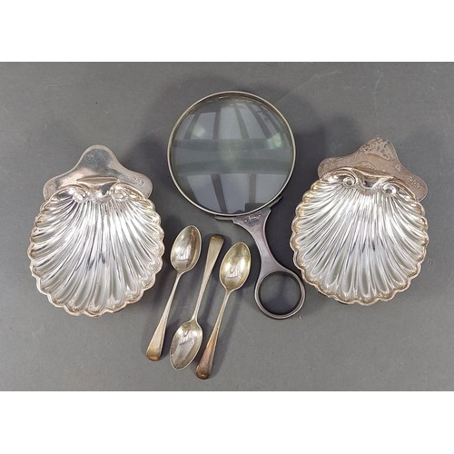 80 - A pair of London silver butter dishes together with three silver teaspoons, 6ozs together with a sil... 