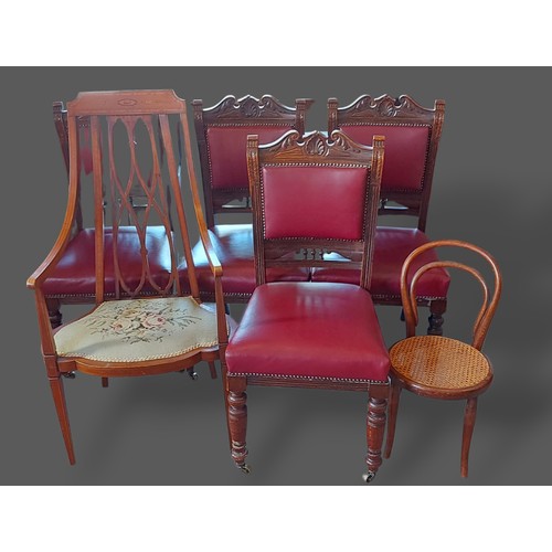 238 - A set of four Victorian dining chairs together with an Edwardian marquetry inlaid armchair and a chi... 