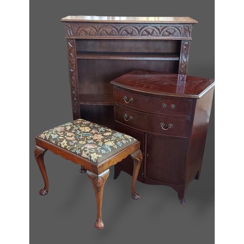 239 - A Victorian oak bookcase together with a bow fronted side cabinet, an Edwardian hanging corner cabin... 