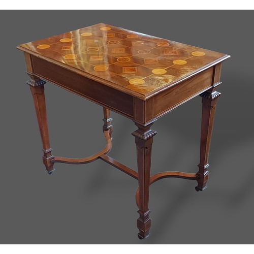 242 - An Edwardian mahogany centre table, the moulded inlaid top above a line inlaid frieze raised uon squ... 