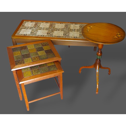254 - A nest of two Circa 1970's tile inset tables together with a similar coffee table and a Sheraton sty... 