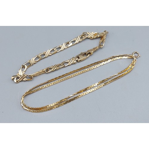87 - A 9ct gold linked bracelet together with a 9ct gold flat link chain, 14.2gms
