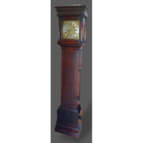 213 - An oak longcase clock, the square hood with half turned pilasters above a rectangular door and confo... 