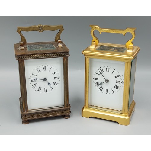 214 - A French brass cased Carriage Clock with lever escapement together with another similar brass cased ... 