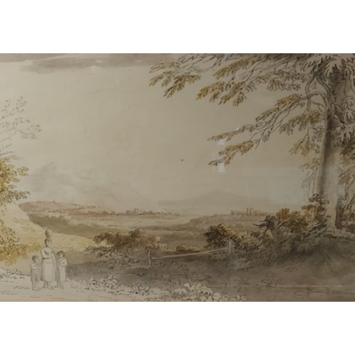 42 - Attributed to Anthony Devis, landscape with figures on a track, watercolour, 21cm x 30cms, together ... 