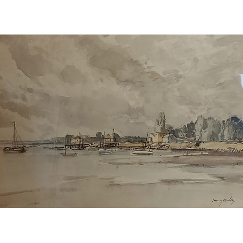 46 - Harry Morley, coastal view with boats, watercolour signed, 23cms x 31cms together with four other wa... 