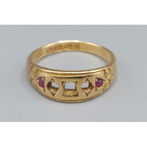 95 - An 18ct gold ring set with two Rubies and three stones missing, 4.5gms, ring size O