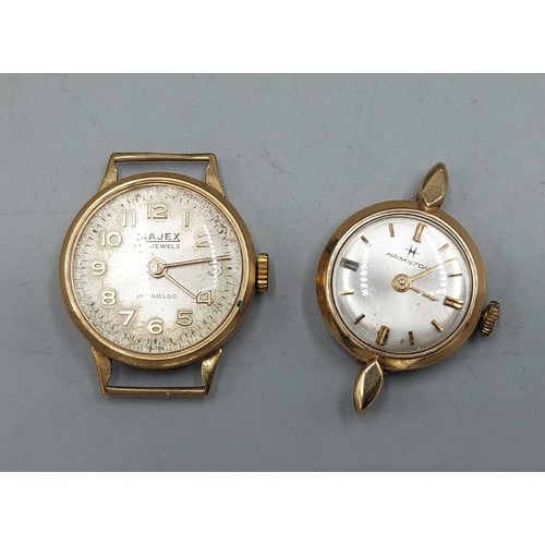 100 - A 9ct gold cased ladies wristwatch by Majex together with another similar by Hamilton, 5.5gms exclud... 