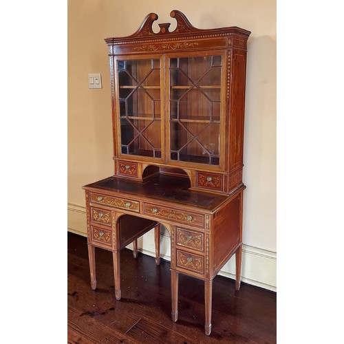 361 - An Edwardian Sheraton Revival mahogany and marquetry inlaid writing desk cabinet by Edwards and Robe... 