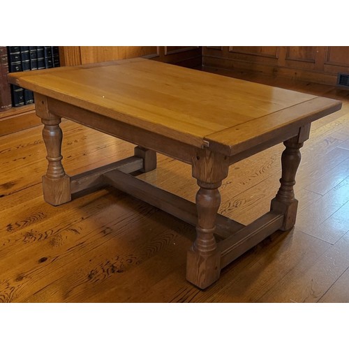 367 - A 20th Century oak table of square form, 92cms square together with an oak coffee table with bulbous... 