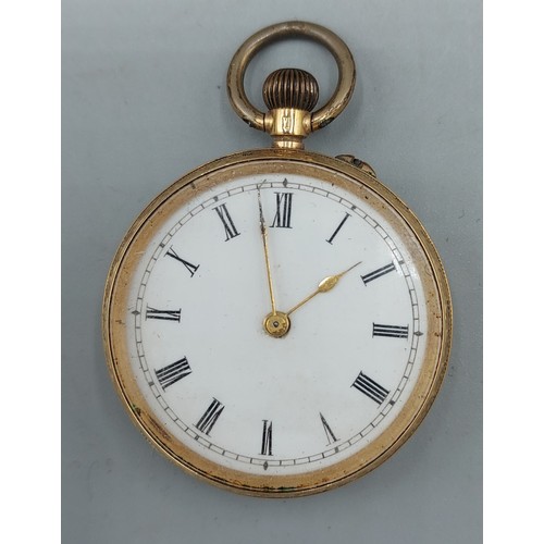 141 - A 14ct gold cased fob watch, the enamel dial with Roman numerals and with engraved case, 28.6gms inc... 