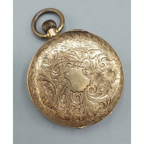 141 - A 14ct gold cased fob watch, the enamel dial with Roman numerals and with engraved case, 28.6gms inc... 