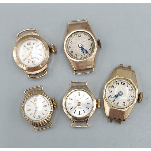 165 - A group of five 9ct gold cased ladies wristwatches, 10gms excluding movement