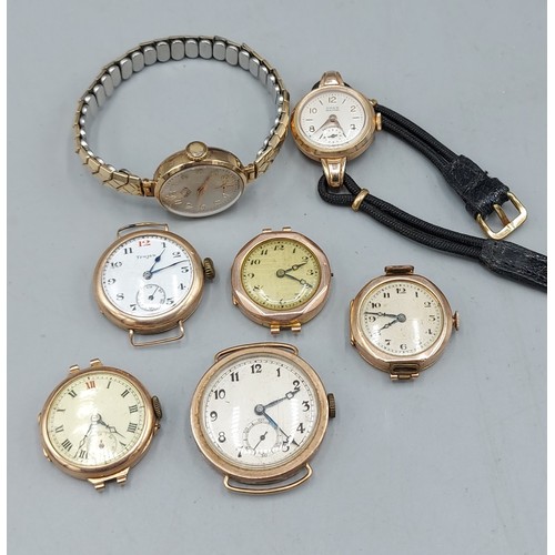 173 - A collection of seven 9ct gold cased ladies wristwatches, 95.4gms including movements and straps