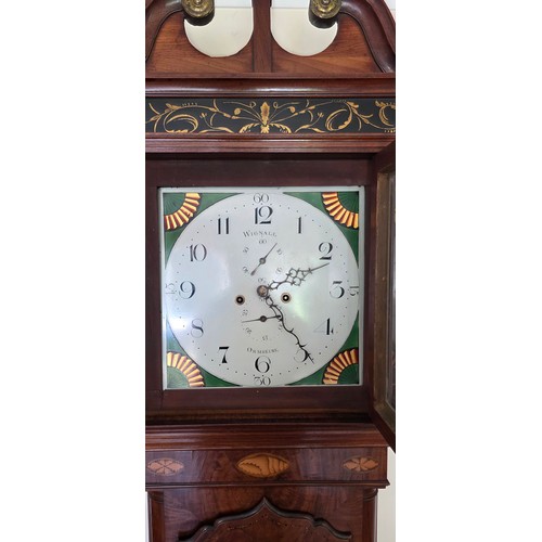 335 - A mahogany longcase clock, the painted dial inscribed Wignall, Ormskirk with two train movement and ... 