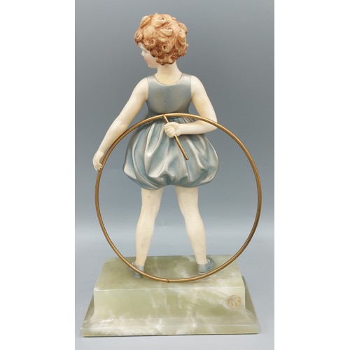 190 - Johann Philipp Ferdinand Preiss, Hoop Girl, cold painted bronze and ivory with Onyx base, signed, Ci... 