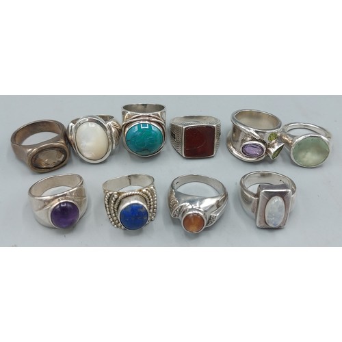128 - Ten 925 silver dress rings, stone set, 4ozs