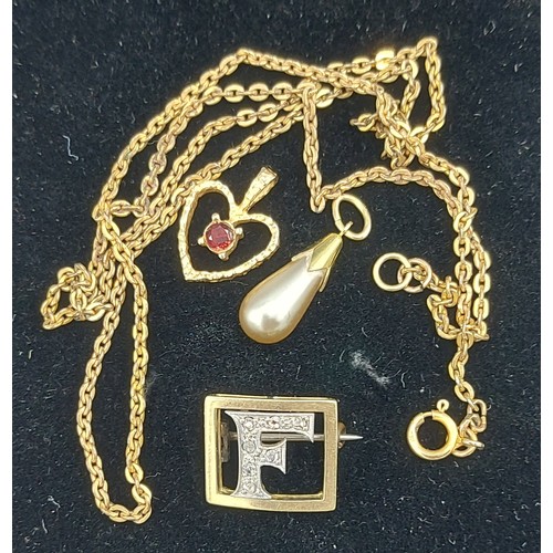 137 - A Diamond set brooch in the form of the letter F together with a 9ct gold linked neck chain and two ... 