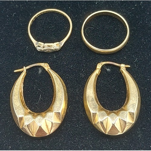 146 - A 9ct gold and Platinum diamond set ring together with a 9ct gold wedding band and a pair of 9ct gol... 